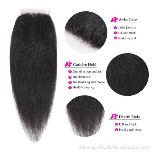 Kinky Straight 4x4 Lace Closure Brazilian Human Hair Extensions Virgin Cuticle Aligned Human Hair Yaki Straight 4X4 Lace Closure